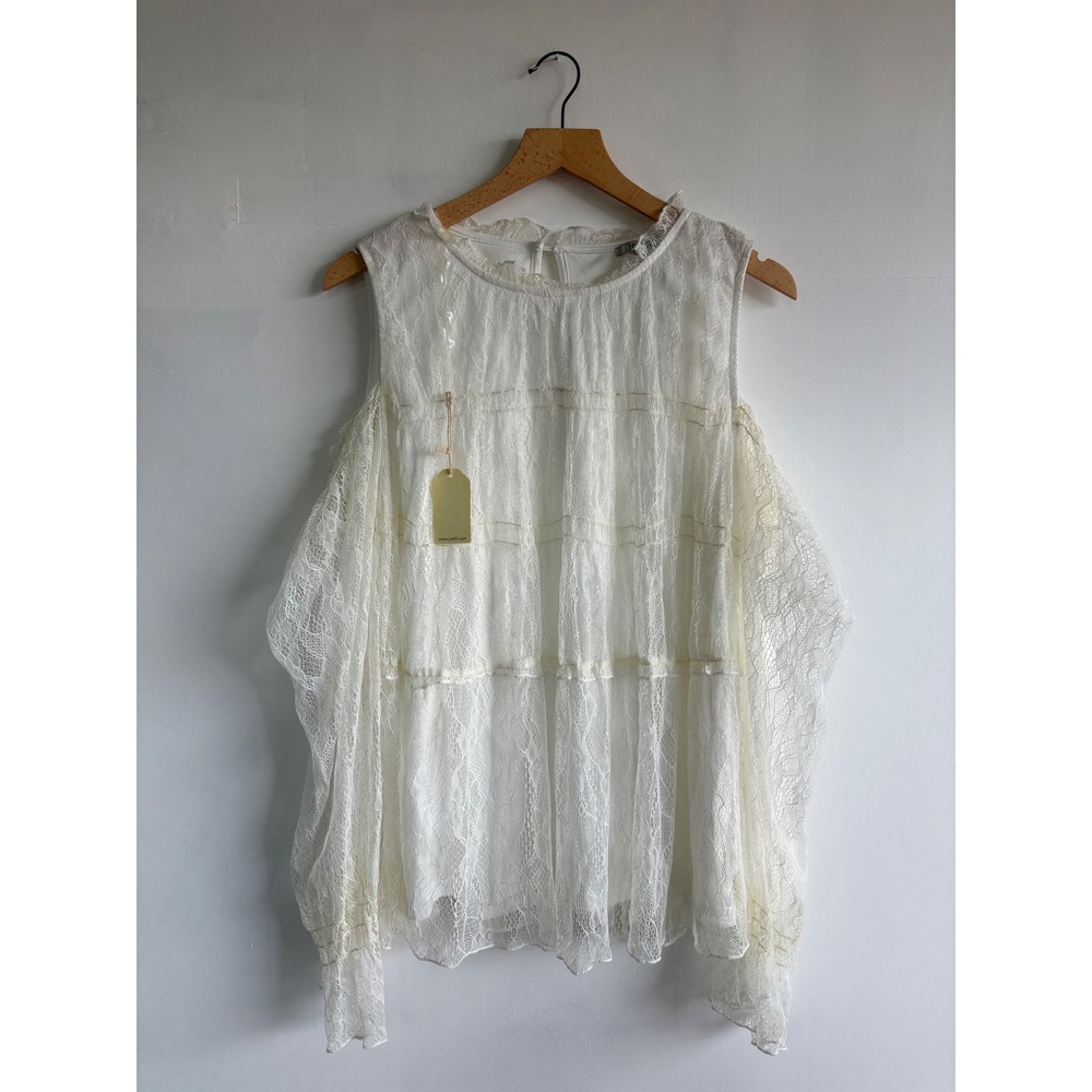 Womens White bohemian Lace Cold Shoulder Tiered Blouse Long Sleeve Large New